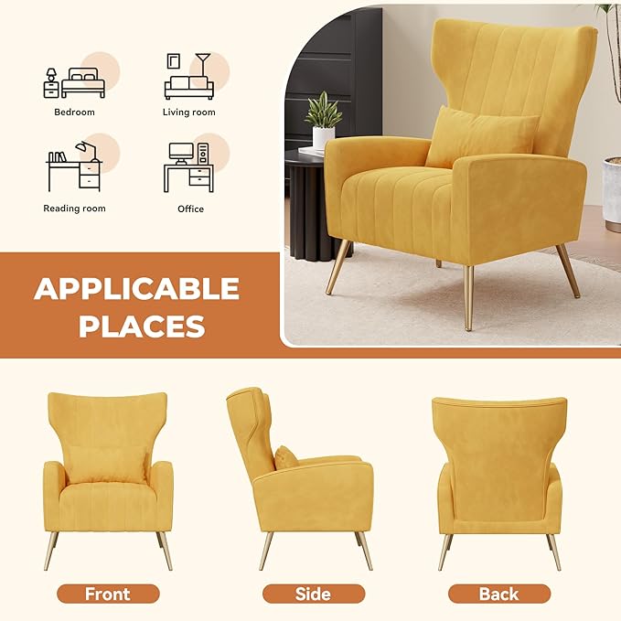 Nalupatio Modern Accent Chairs for Set of 4 Upholstered Velvet Fabric Reading Chair Mid Century Arm Chair Comfy Armchair for Living Room,Yellow