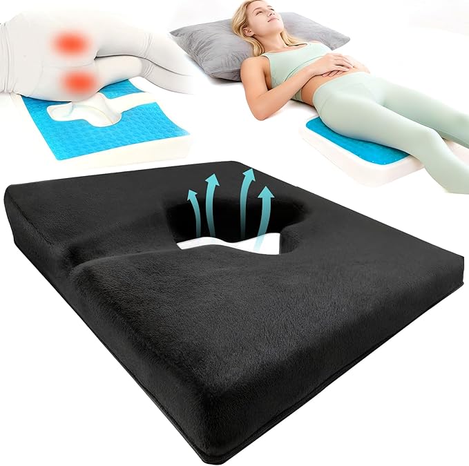 Gel Wheelchair Seat Cushion,Bed Sore Cushions for Butt,Sciatica,Coccyx,Pressure Sore Cushion for Office Chairs,Pain Relief Butt Pillow for Bedridden&Elderly,Washable Cover(Plush-Fabric Black)