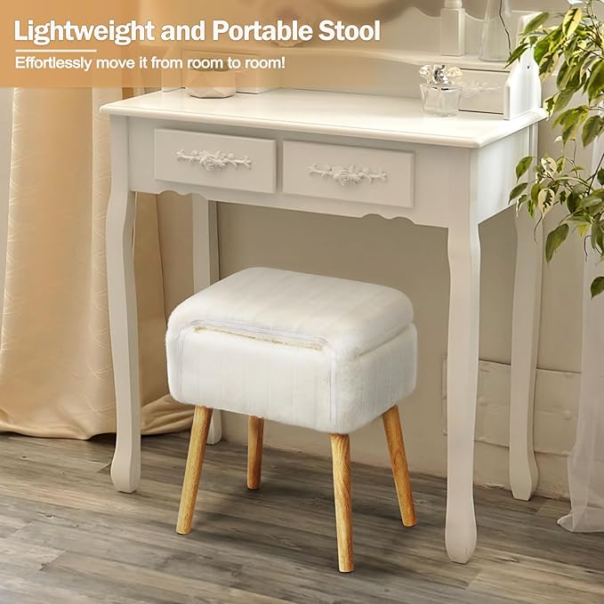 Shinoske Vanity Stool with Storage,White Faux Rabbit Fur Small Makeup Chair for Vanity,Storage Ottoman with Folding Back,Modern Footstool with 4 Solid Wood Legs for Bedroom,Living Room,Home Office