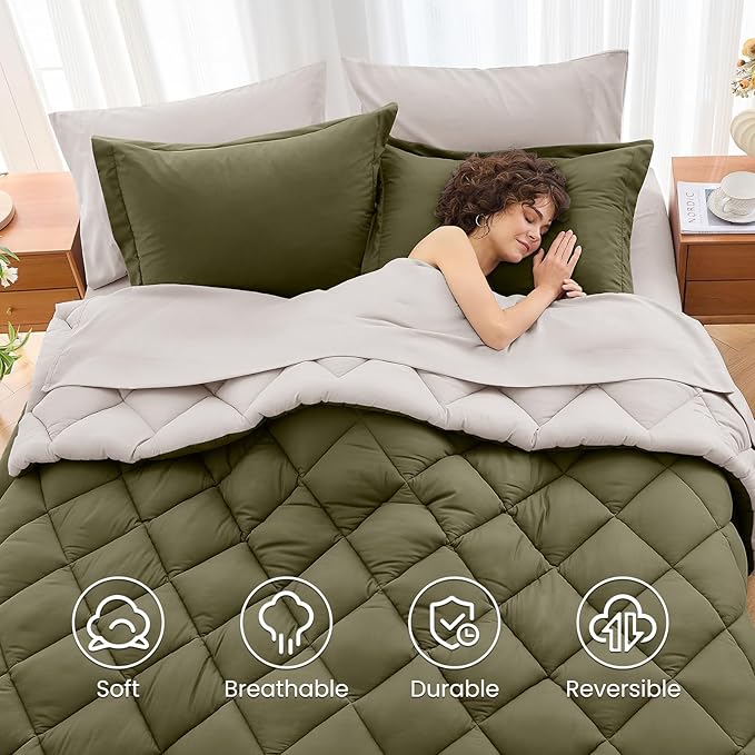 MUXHOMO 5 Pieces Twin XL Comforter Set, Reversible Bed in a Bag Twin XL Size, All Season Bedding Set with Comforter, Flat Sheet, Fitted Sheet, Pillowcases & Shams, Olive Green & Beige