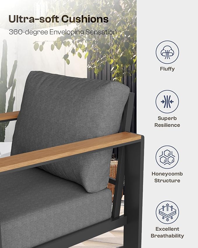 Oasbira Aluminum Outdoor Patio Furniture Set with Coffee Table, 4 Piece Patio Conversation Sets with Washable Thick Cushions, Outdoor Sectional Furniture Set for Porch, Balcony, Deck, Yard, Graphite