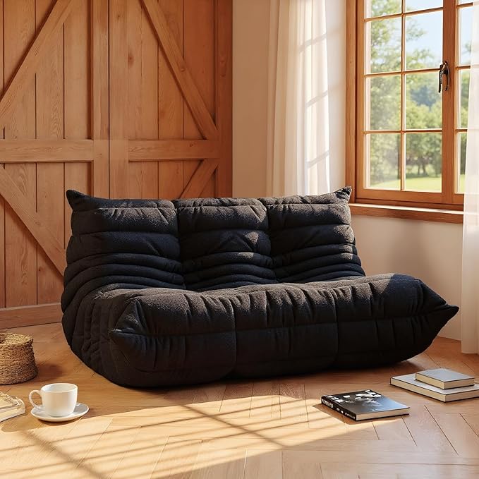 Bean Bag Chair Lazy Floor Sofa, Giant BeanBag Fireside Chair with Memory Foam Filled, Soft Bean Bag Comfy Couch for Teens Adults, Non-Slip Base Lounge Chair, Living Room, Bedroom (Black, Loveseat)