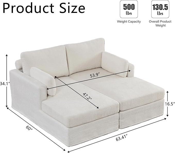 Arouseden 63" Beige Chaise Lounge Chair Indoor,Oversized Double Chaise Lounge with Headrests Offer Neck Comfort,Chenille Sectional Couch,Cozy Oversized Chairs with Armrests and Throw Pillows