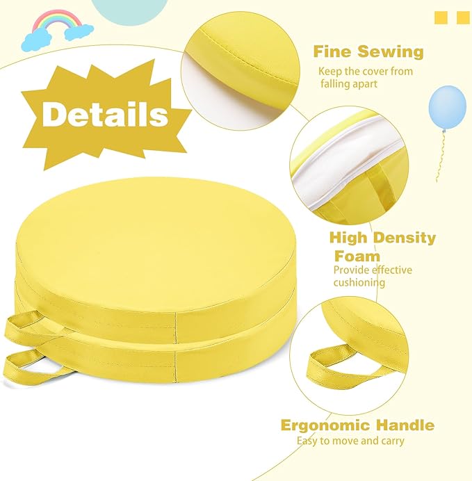 Sawysine 2 Pcs 14 Inch Floor Cushions with Handle, Flexible Round Floor Seating Pillows for Home School Classroom Kindergarten Daycare Nursery, 2 Inch Thick (Yellow)
