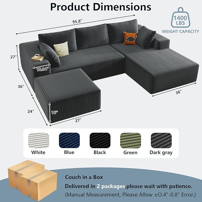 96" W Cloud Sectional Couch with Ottoman,Modern U-Shaped Cloud Couch with Deep Seat,Comfy Corduroy 3-Seater Sofa,Memory Foam Sofa for Living Room,No Assembly (Dark Grey,Right-Facing Chaise)