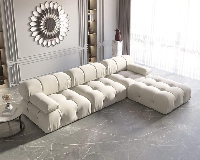 JACH L-Shaped Sectional Couch, 104'' Minimalist Velvet Floor Sofas Couches, Mid-Century Modular Sectional Sofa with Reversible Chaise Ottoman for Living Room, Apartment (3-Seat, 1 Ottoman, Beige)