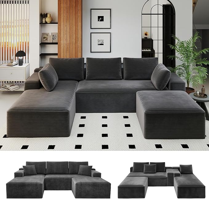 KAPEETOO Modular Sectional Sofa Cloud Couch with Left Chaise Longue, U Shaped Boneless Couch with Ottoman Deep Seat, Oversize 3-Seater Boneless Sofa Set for Living Room Bedroom (Grey)