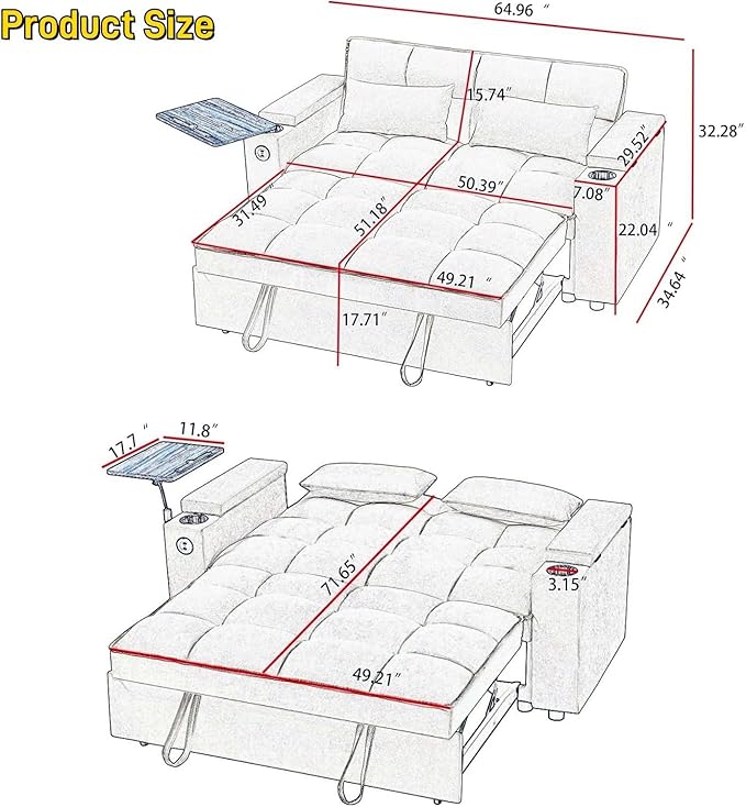 oaaktu 65''Convertible Sleeper Sofa Bed,3-in-1 Pull Out Couch Bed with 360 Degree rotatable Side Table and USB Ports for Living Room,RV (07 Light Grey)