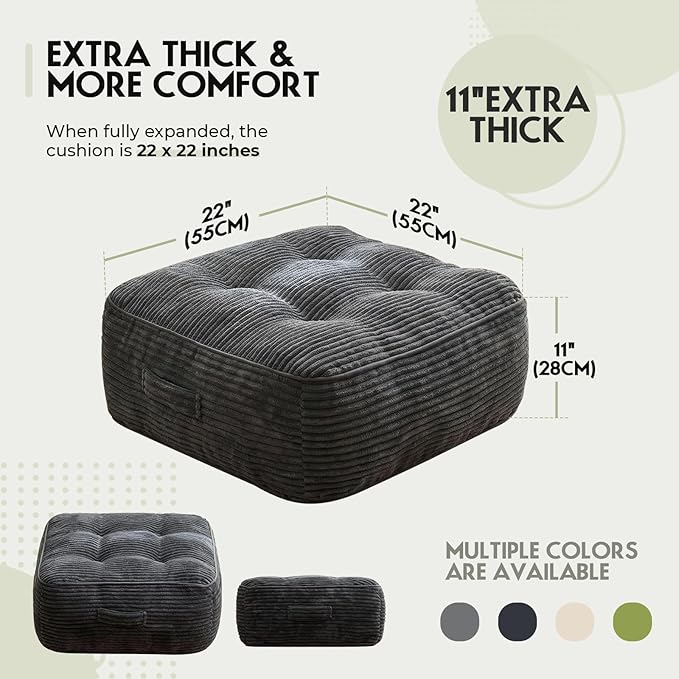 11In Washable Floor Pillow for Adults, Yoga & Meditation Cushion with Handle, Square Large Pillows Seating with Removable Tufted Corduroy Cover for Tatami Living Room Board Games, Dark Gray