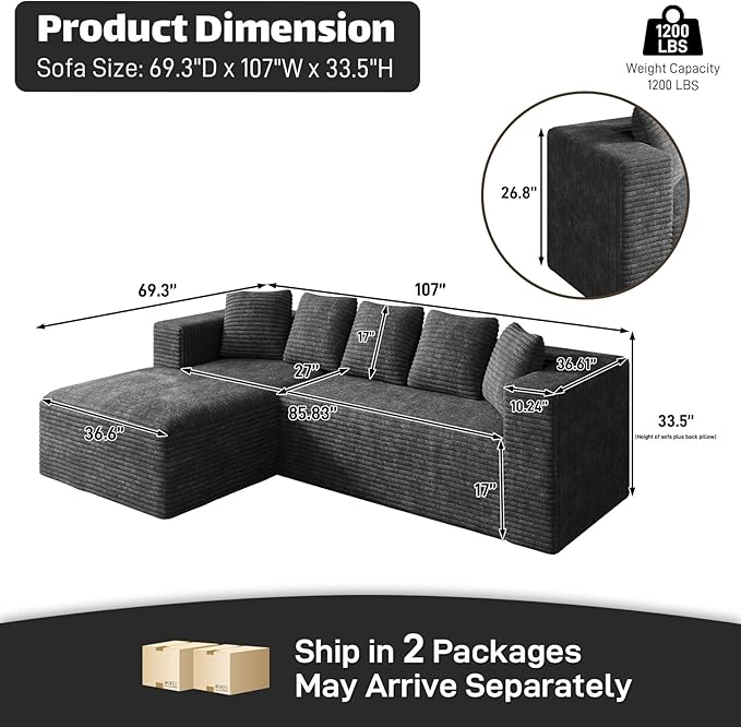 Modular Sectional Sofa, 107" L Shaped Cloud Couch Plush Corduroy Deep Seat Boneless Sofas with 5 Pillows Long Chaise Lounge Couches Memory Foam for Living Room - Dark Grey, Left Facing Chaise