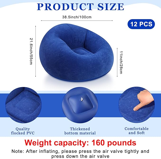 Realspring 12 Pcs Inflatable Bean Bag Chairs for Adults with Electric Air Pump, Blow up Couch Folding Portable Inflatable Couch Lazy Sofa for Outdoor Movie Nights Camping Room (Dark Blue)