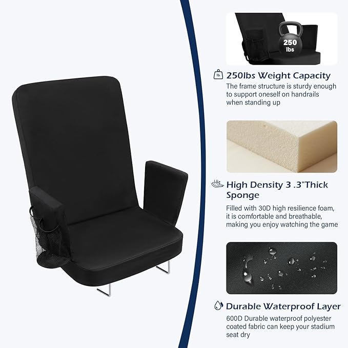 TOPSKY Stadium Seat with High Back Support, 26.2”Height, 19.1”Width (Seat 17.7”), Wide Bleacher Seats with 2 Hook, Picnic Seat，XY-CR-693-W43H (2 Pack)