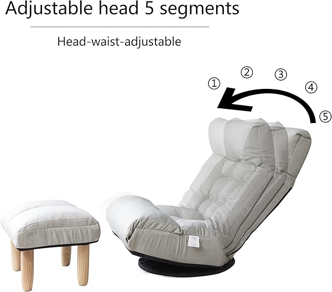 360° Swivel Floor Chair Single Lazy Sofa Leisure Balcony Reclining Japanese Tatami Adjustable Recliner with Ottoman for Living Room, Bedroom, Indoor Use (Footstool, Gray)