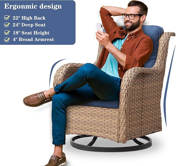 Belord 5 Pieces Patio Furniture Sets Wicker Outdoor Furniture, Rattan Patio Swivel Glider Chairs with 2 Ottoman and Glass Side Table, Yellow