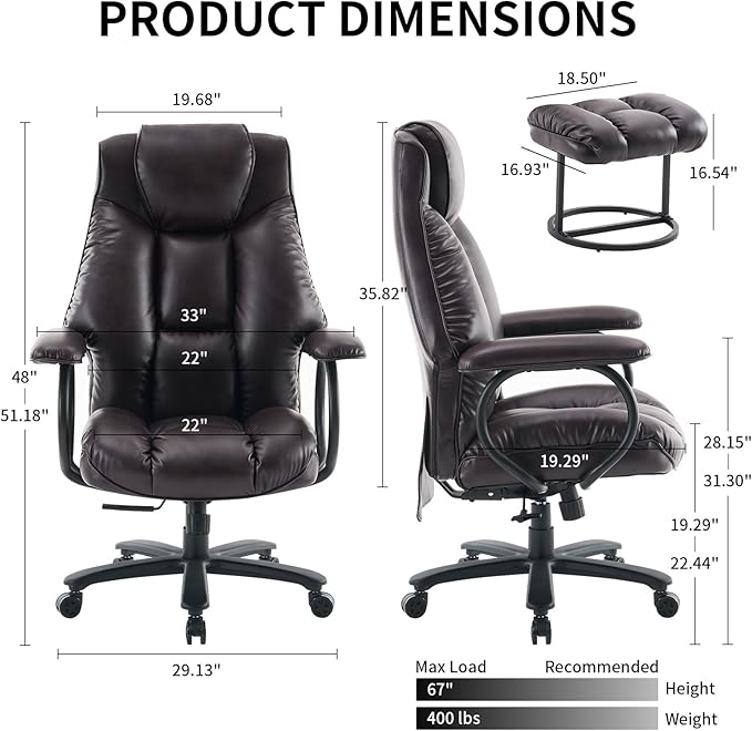 ATMILD Office Chair Big and Tall, High Back Ergonomic Office Chair with Padded Armrest, 400 lbs,PU Leather (Dark Brown)