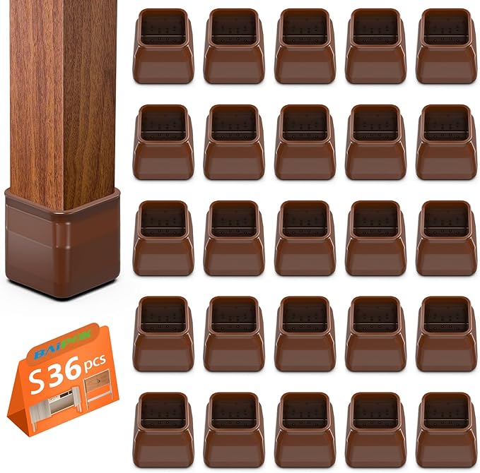 BAIPOK 36Pcs Square Chair Leg Floor Protectors for Hardwood Floors, Felt Furniture Pads Furniture Sliders, Silicone Covers to Protect Wood Tile Floors, Reduce Noise & No Scratch, Small, Brown