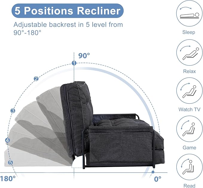 YOSHOOT Adjustable Lazy Floor Sofa, Folding Couch Bed with 5 Positions Adjustable Backrest, Convertible Bean Bag Sofa Bed Couch Foldable Sleeper Chair with Pillow for Reading Gaming（Grey, Full）