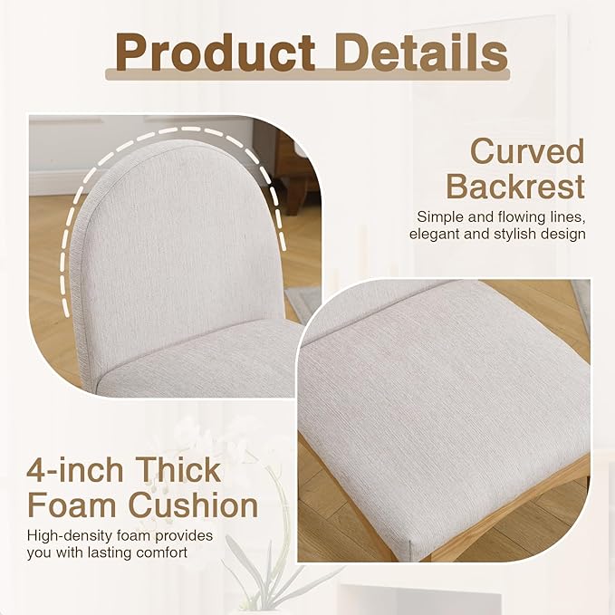 HNY Mid Century Modern Dining Chairs Set of 4, Linen Fabric Upholstered Dining Room Chairs Armless Kitchen Chairs with Solid Rubberwood Legs, Accent Side Chairs for Living Room, Beige