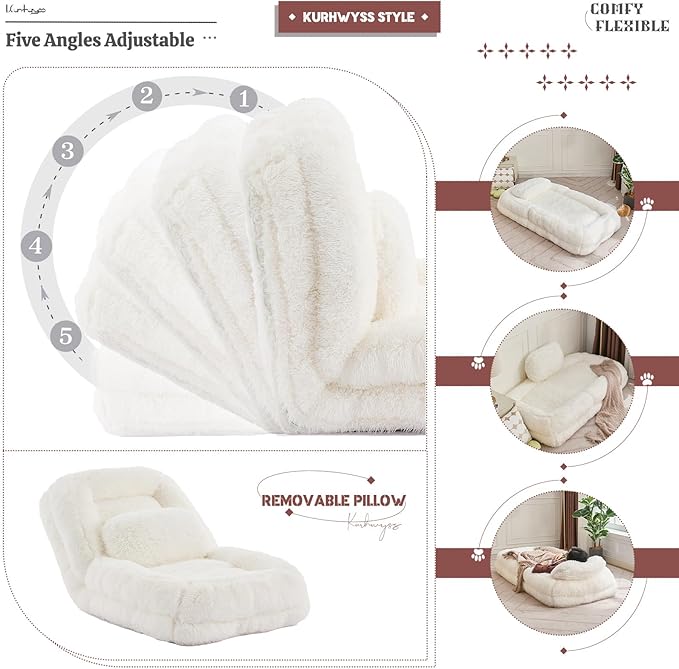 Upholstered Human Dog Bed for Adult & Pets, Convertible Lazy Sofa Bed with 5 Adjustable Position, Comfy Tatami Bean Bag Lounge Chair with 2 Soft Pillows for Bedroom Living Room (Beige Fluffy)