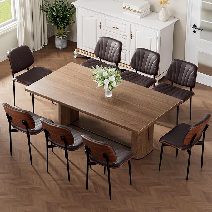 Dining Chairs Set of 4, Mid-Century Modern Upholstered PU Leather Chairs with Walnut Bentwood Back and Metal Legs Adjustable Feet for Kitchen Dining Room, Dark Brown Shell Strips