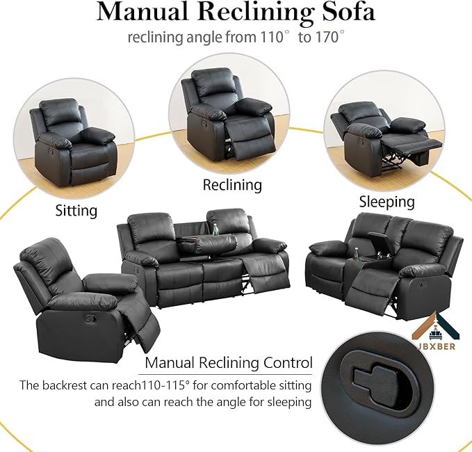 JBXBER Manual Recliner Sofa Set for Living Room, Leather Reclining Sofa Sets, Faux Leather Couch Set with Cup Holders, Drop-Down Table and Storage Console(Sofa and Loveseat,Black)