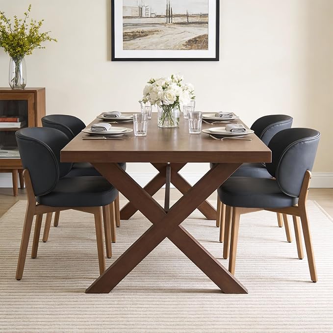 YOUNUOKE Upholstered Dining Chairs Set of 4, Modern PU Leather Dining Room Chair with Wood Legs, Widen Backrest Comfy Armless Side Kitchen Chairs, Black
