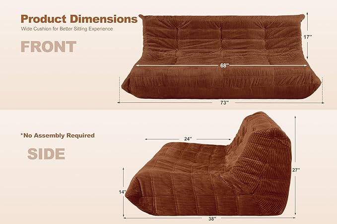 Bean Bag Chair,Giant Beanbag Chairs for Adults,Comfy Large Fireside Chair Lazy Sofa,Corduroy Bean Bag Lounger with Memory Foam Filled,Floor Sofa Couch for Home,Living Room (Brown, 3-Seater)