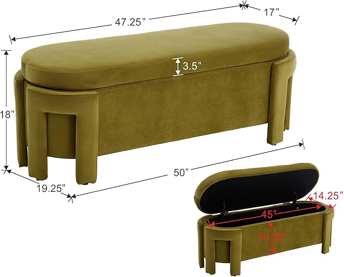 DM Furniture Modern Velvet Ottoman with Storage Entryway Bench for Living Room Comfy Upholstered End of Bed Bench with Safty Hinge for Bedroom/Living Room/Lounge/Corner, Olive