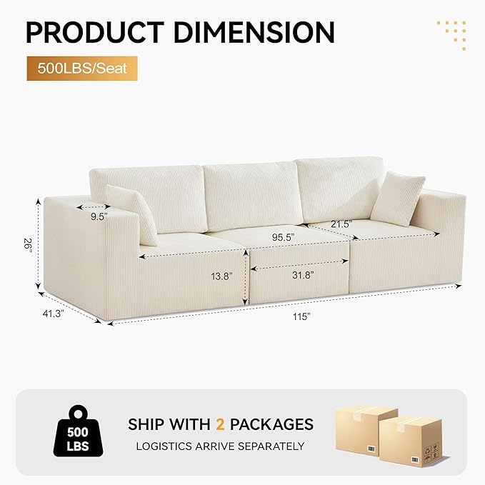 115'' Comfy Boneless Couch, Upholstered Deep Seat Modular Cloud Sofa, No Assembly Corduroy Compression 3 Seater Sofa Couch for Living Room, Beige