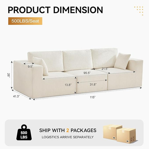 115'' Comfy Boneless Couch, Upholstered Deep Seat Modular Cloud Sofa, No Assembly Corduroy Compression 3 Seater Sofa Couch for Living Room, Beige