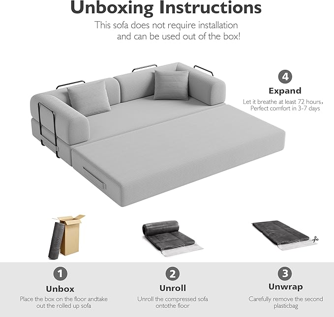 79 Inch 5-in-1 Convertible Sofa Bed, Corduroy Boneless Floor Couch with Fixed Frame & Pillow, Modular Folding Mattress Lounger for Small Space, Living Room, Bedroom - Easy Assembly(Light Gray)