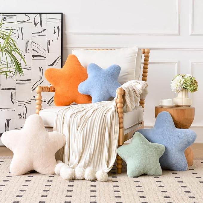 Xiashrk Star Pillow, Decorative Throw Pillows for Bed Couch, 15" Star Shaped Pillow Plush Floor Cushions Room Decor Pillow with Faux Rabbit Fur for Sofa Bedroom Living Room (Sage Green, 15" x 15")
