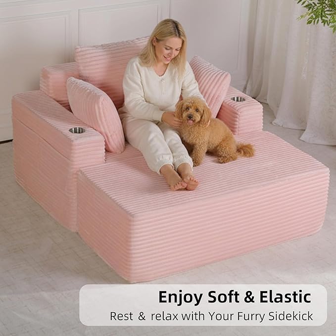 54" W Oversized Chaise Lounge Chair Indoor, Boneless Chaise Lounge Couch, Convertible Comfy Reading Chairs, Corduroy Sleeper Chair Couches for Living Room, Compression Sofa with Ottoman, Pink