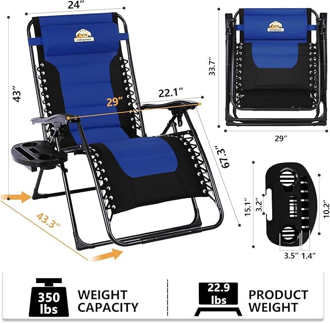 Colegence Oversized Padded Zero Gravity Lounge Chair Set of 2, Foldable Patio Anti Gravity Reclining Chairs Folding Lawn Recliner with Cup Holder for Yard, Camping, Outdoor, Support 350 LBS, Blue