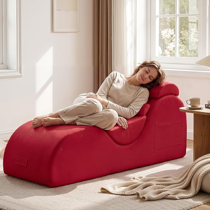 Yoga Chaise Lounge Chair, S-Shaped Floor Sofa with Moveable Headrest, Lumbar Pillow, Support Cushion, Footrest, Non-Slip Base, No-Assembly Lounger for Stretching, Meditation & Relaxation (Red)