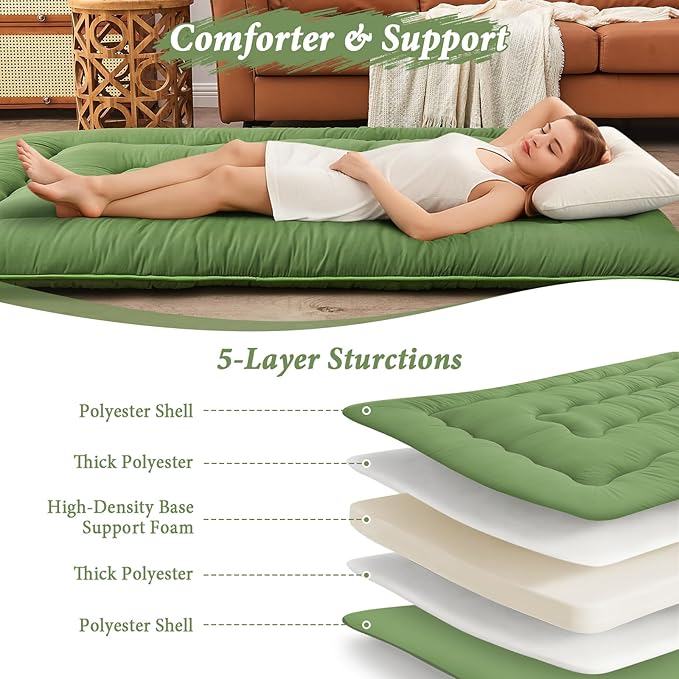 DAICO Japanese Floor Mattress, 4'' Thicken Futon Mattress Tatami Mat, Sleeping Pad Foldable Roll Up Mat for Camping and Guest Room, Full Size 54''*80'', Green