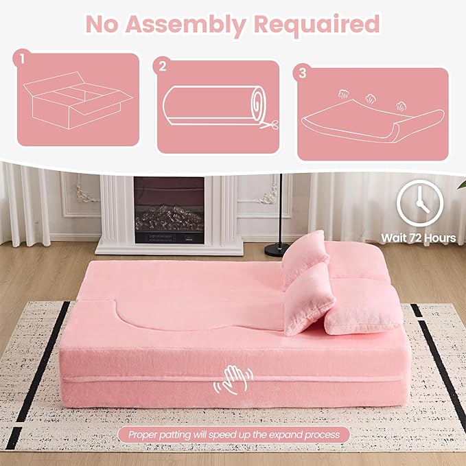 Orynveela Convertible Folding Sofa Bed, 78” Full Size Floor Sleeper Couch, Chenille Full Foam Futon Loveseat for Living Room Bedroom, No Assembly Required (Pink)