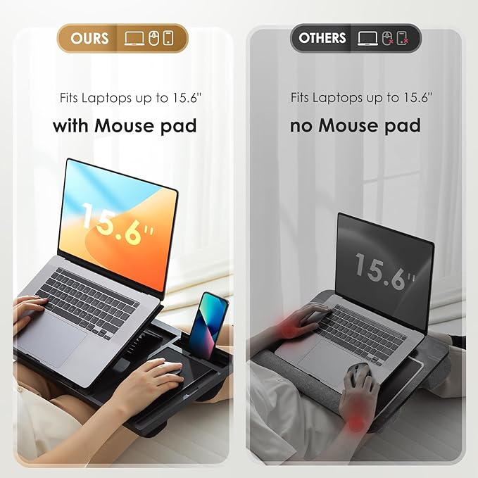 LORYERGO Adjustable Laptop Desk with Cushion, Mouse Pad & Cellphone Slot - Laptop Stand for Bed & Couch, Lap Desk for Home & Office (Black)