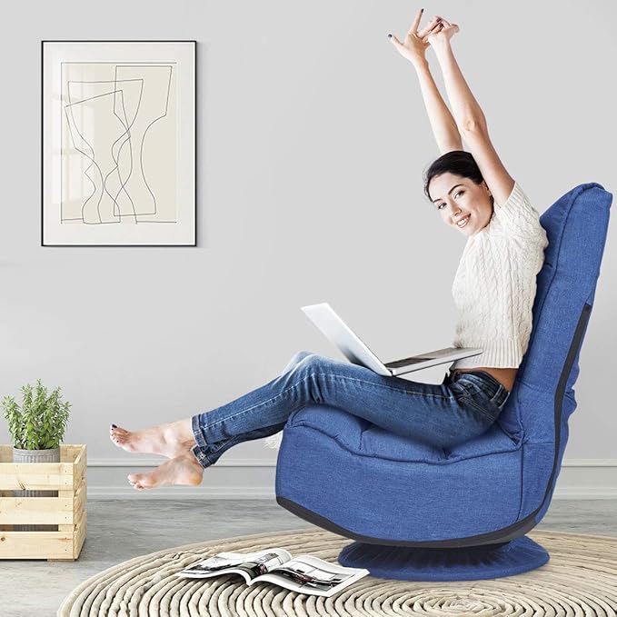 Giantex 360 Degree Swivel Gaming Chair, 6 Position Adjustable Folding Floor Chair, 300lb Spring Support, Comfortable Padded Backrest, Lazy Sofa Chair Game Rocker for Teens Adults (Navy Blue)
