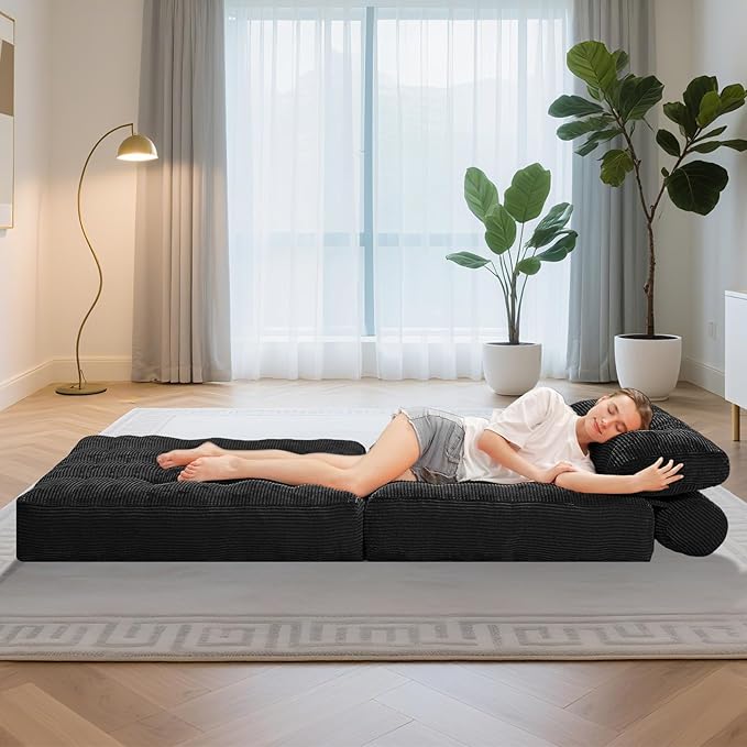 HABUTWAY Folding Sofa Bed, Convertible Sleeper Chair Bed w/Dual-Pillow & Handle, Foldable Floor Sofa Lounge w/Back Support for Living Room, Bedroom, Apartment, Office, Single, Black