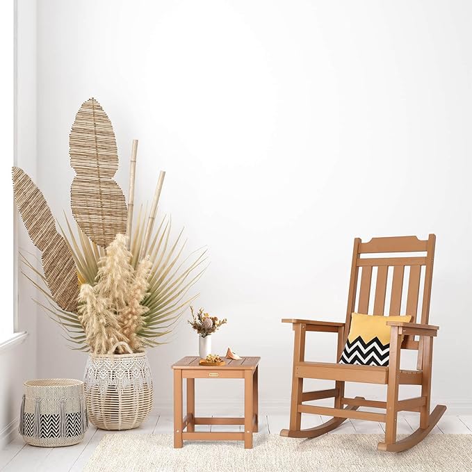 hOmeQomi Rocking Chair, All Weather Resistant Poly Lumber Outdoor Porch Rocker, Rocking Chairs for Outdoor, Indoor, Patio, Deck, Garden, Backyard, Load Bearing 380 lbs - Teak