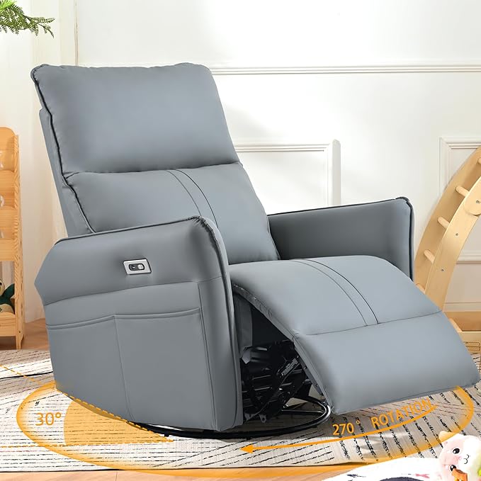 QKFF Power Swivel Rocker Recliner Chair for Nursery, Upholstered 270° Swivel Glider Rocker Chair with USB Ports, Small Power Recliners for Small Spaces Living Room