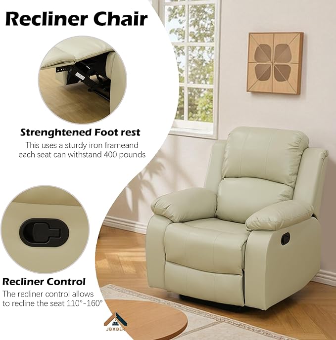 JBXBER Manual Recliner Sofa Set for Living Room, Leather Reclining Sofa Sets, Faux Leather Couch Set with Cup Holders, Drop-Down Table and Storage Console(Sofa and Chair,Beige)