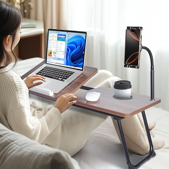 wishacc 28.7" Extra Large Adjustable Laptop Desk Stand with Phone Mount, Wooden Desktop, Portable Design