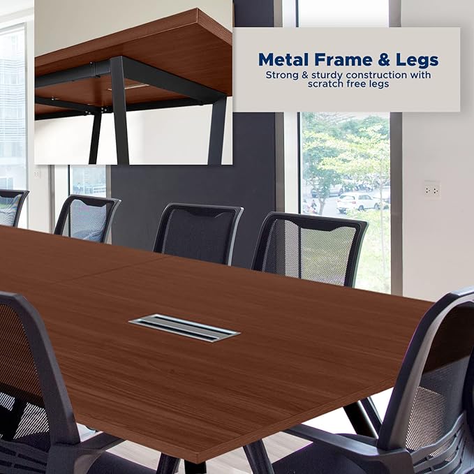 ahliss Sturdy Conference Table with Cable Management Grommets Modern Rectangle Office Meeting Table with Wood Tabletop and Metal Frame & Legs- Easy Assembly Boardroom Table (Mahogany, 8 Foot)