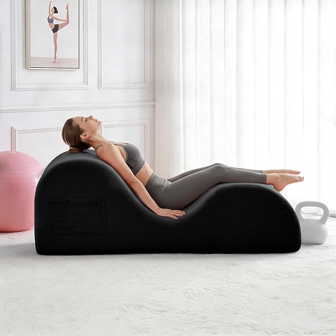 DRMBOOK Yoga Chairs for Adults, Corduroy Fabric Chaise Lounge with Headrest, Boneless Yoga Sofa Couch with Waist Cushion, Movable Footrest, Side Pockets for Relaxation Exercise Stretching (Black)