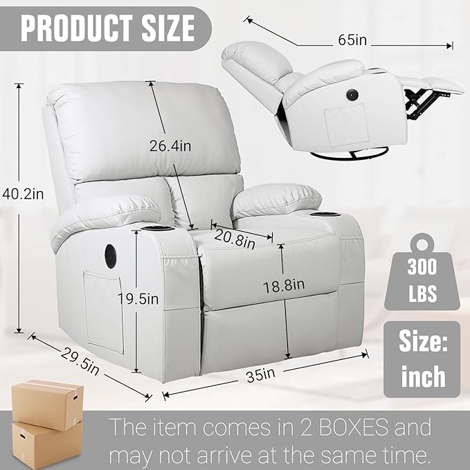 LAFWELL Rocking Recliner Chair, Massage Rocker Recliner Chair with Vibration Massage and Heat, USB and Type-C Ports,360° Swivel Faux Leather Chairs, Living Room, Bedroom, Nursery, RV, Light Grey