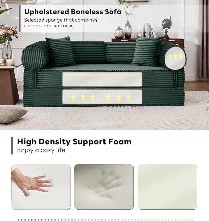 Tbfit 79'' Convertible Sofa Bed, Oversized Corduroy Folding Boneless Couch, Futon Mattress Sleeper Sofa, Comfy Foldable Upholstered Floor Couches for Living Room, Dark Green