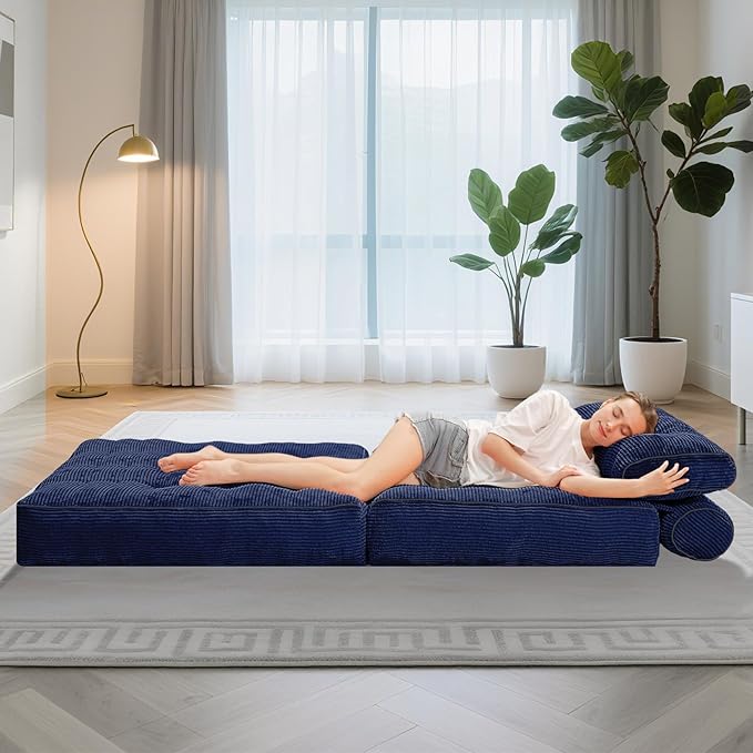 HABUTWAY Folding Sofa Bed, Convertible Sleeper Chair Bed w/Dual-Pillow & Handle, Foldable Floor Sofa Lounge w/Back Support for Living Room, Bedroom, Apartment, Office, Single, Navy Blue