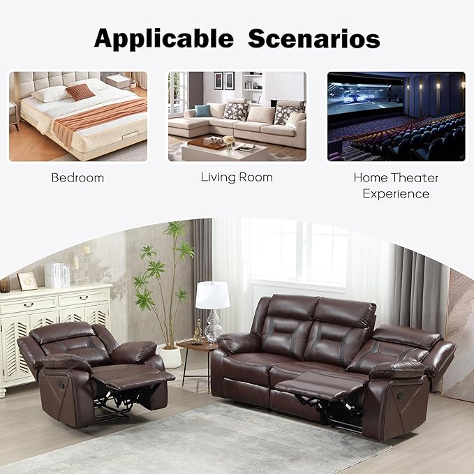 EBELLO Manual Recliner Sofa Set, Faux Leather Reclining Living Room Furniture Set, Included Recliner Chair and 3 Seat Manual Sofa, Dark Brown